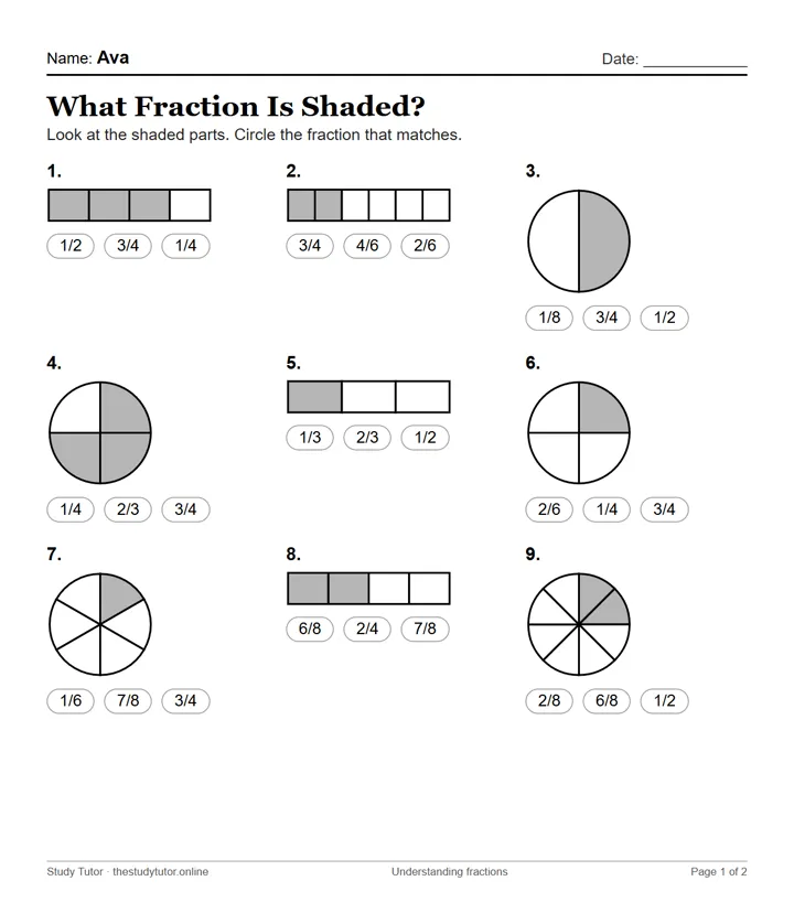 Fractions worksheet with shaded shapes