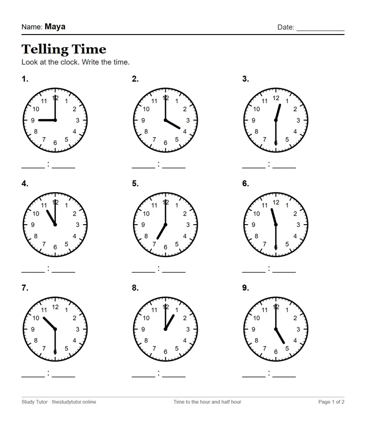 Telling time worksheet with clocks